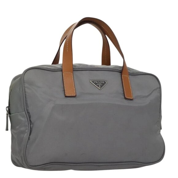 PRADA Hand Bag Nylon Leather Gray Brown Silver Auth 110687 - Picture 1 of 14